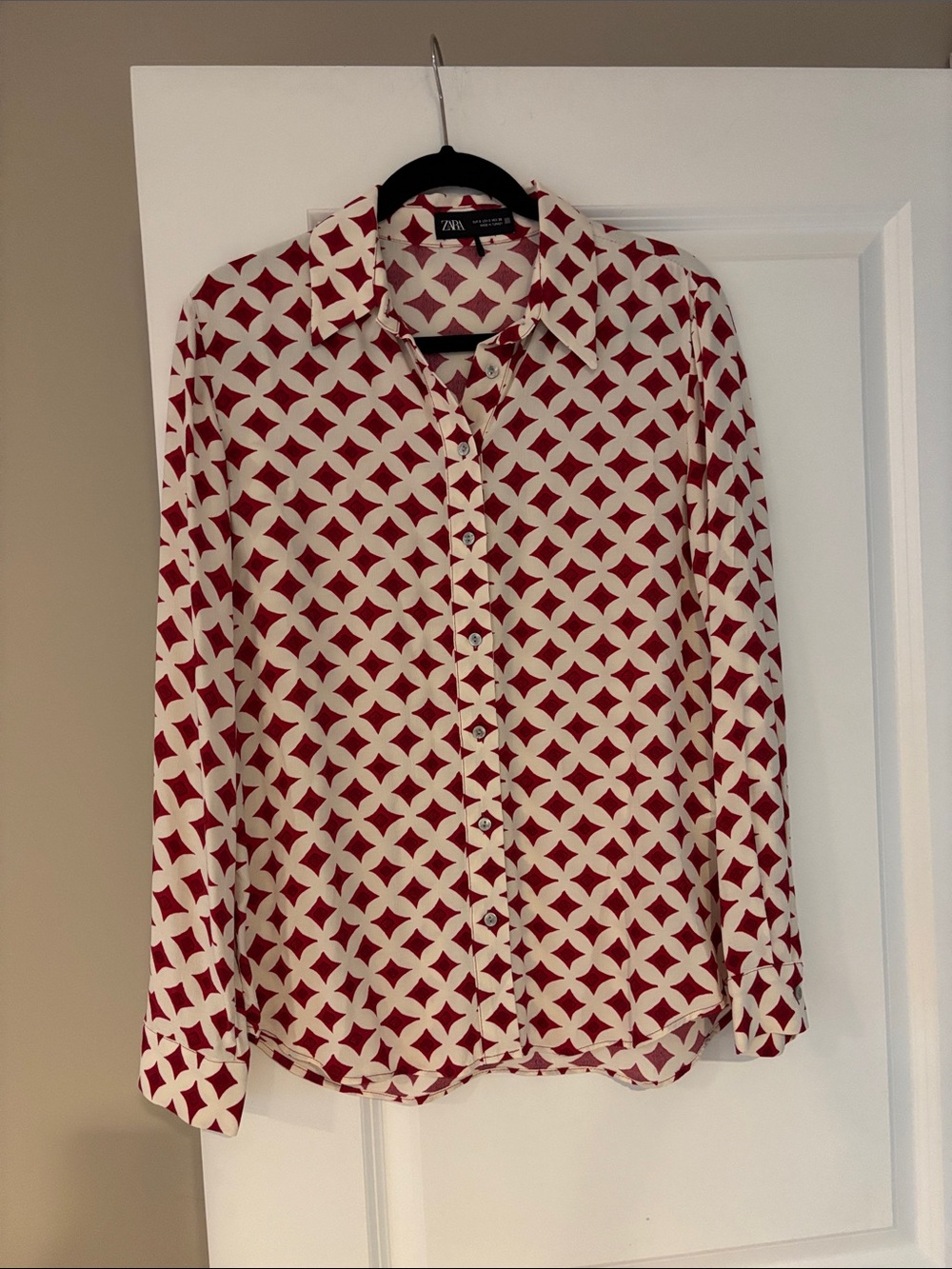 Zara Red & Cream Geometric-Print Button Front Shirt